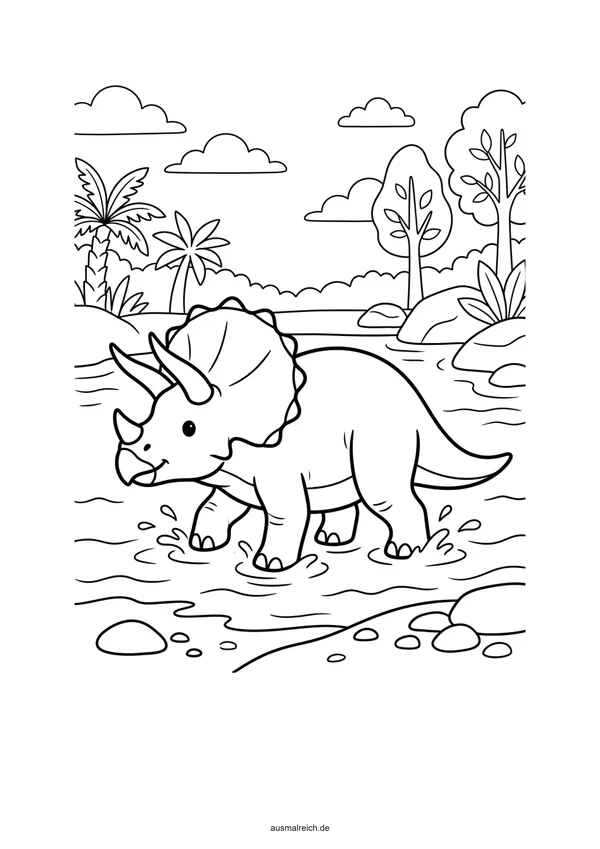 Triceratops wandert durch den Urwald - Kostenloses Ausmalbild für Kinder (4-5 Jahre)