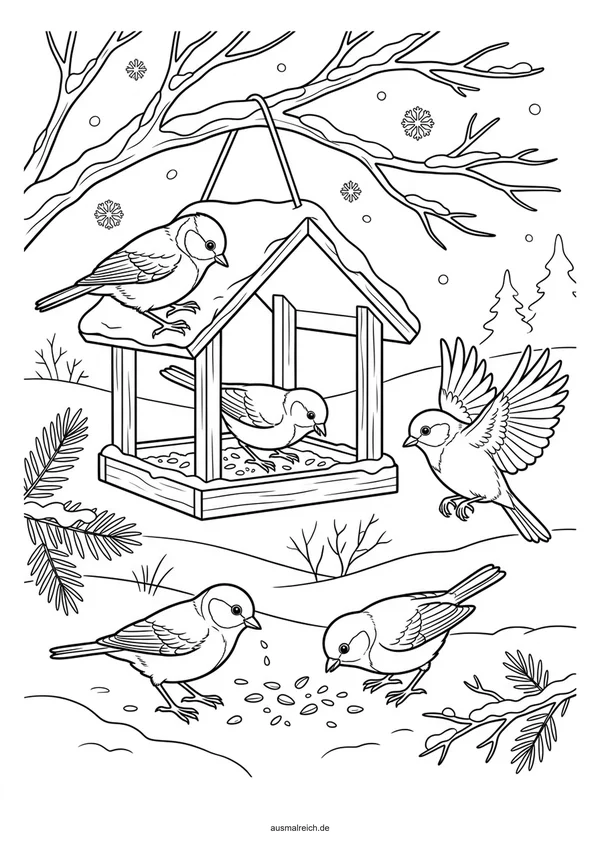Vogel am Vogelhäuschen - Kostenloses Ausmalbild für Kinder (5-7 Jahre)