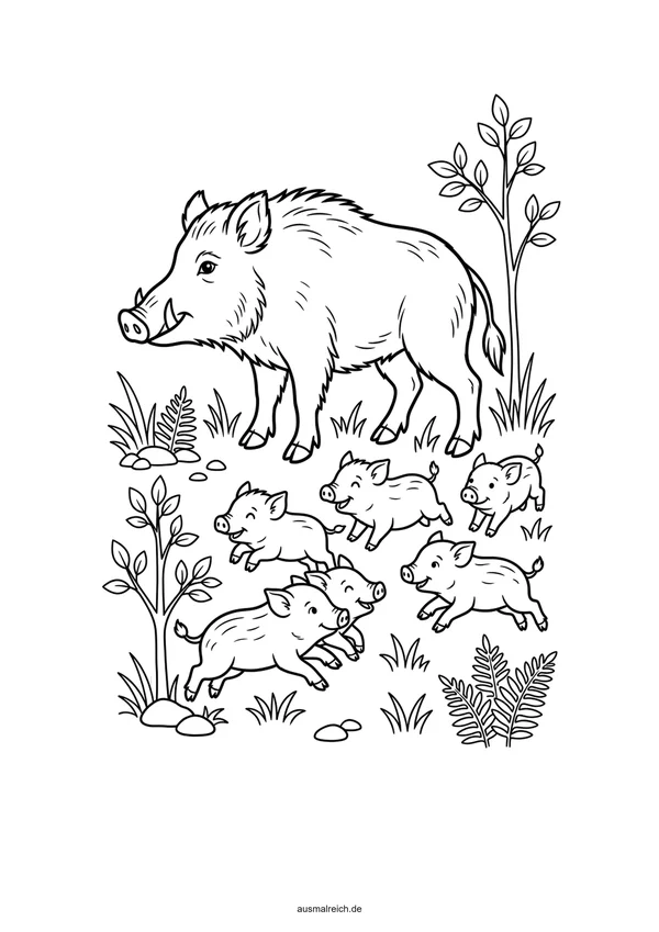 Wildschweinfamilie im Dickicht - Kostenloses Ausmalbild für Kinder (6-8 Jahre)