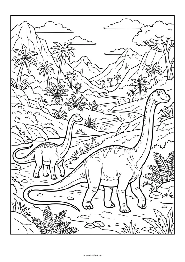 Zwei Diplodocus Dinosaurier zusammen - Kostenloses Ausmalbild für Kinder (6-8 Jahre)