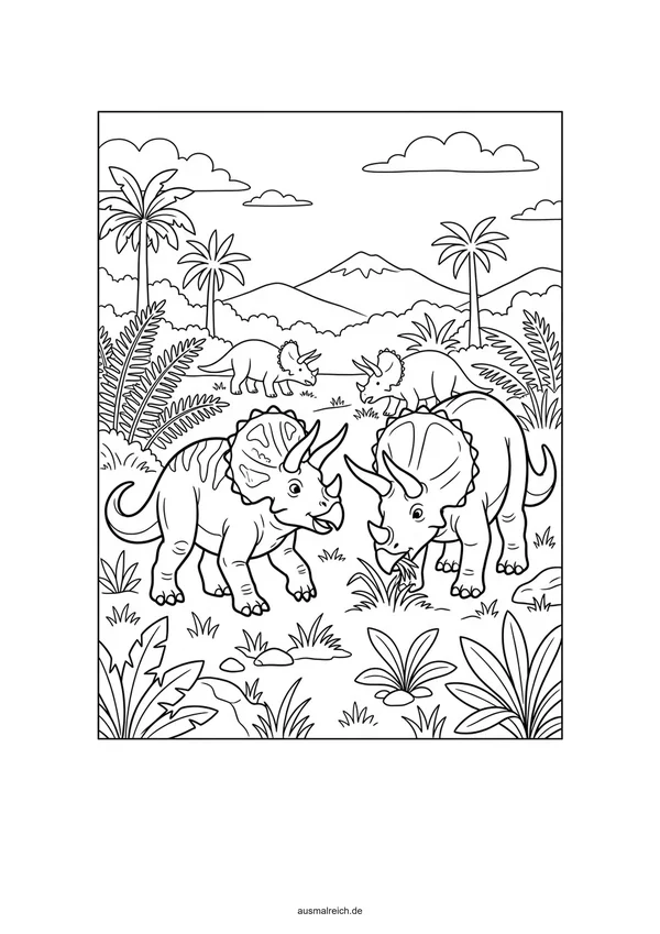 Zwei freundliche Triceratops Pflanzenfresser - Kostenloses Ausmalbild für Kinder (6-8 Jahre)